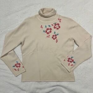 MICHELLE NICOLE Cream beaded Floral Turtleneck Womens‎ XL grannycore cottagecore